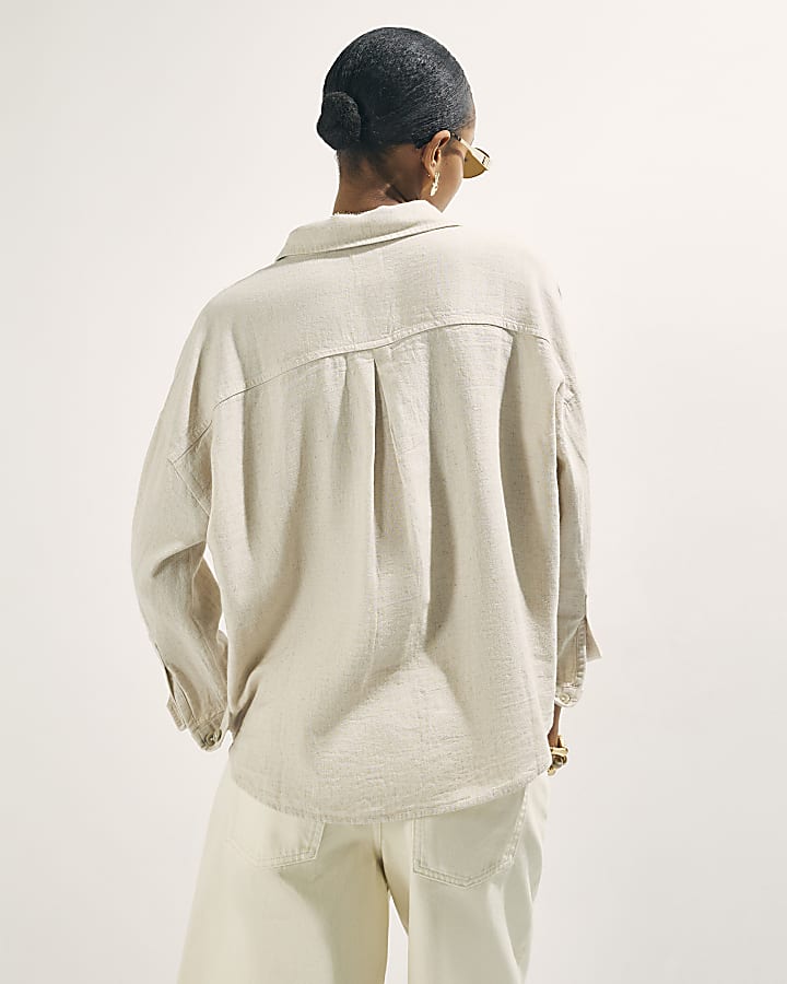 Beige Long Sleeve Linen Blend Shirt