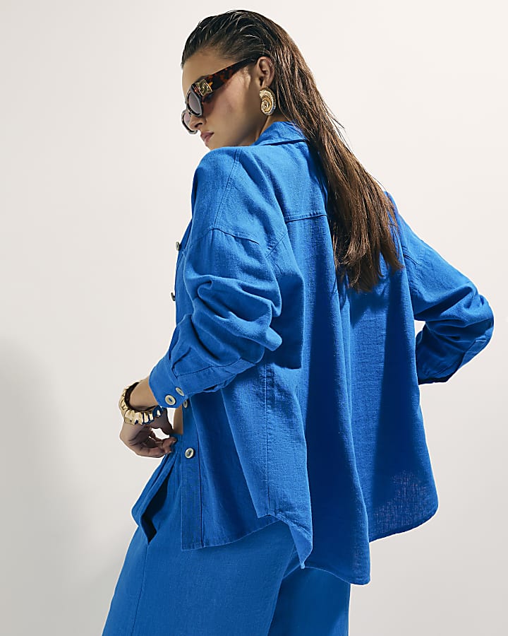 Blue Linen Blend Beach Shirt