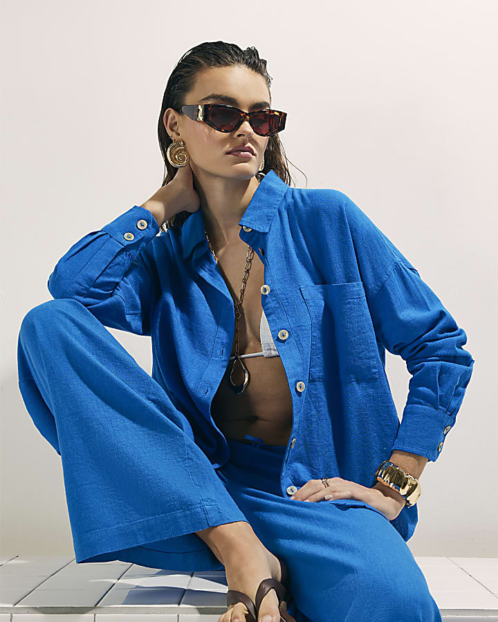 Blue Linen Blend Beach Shirt