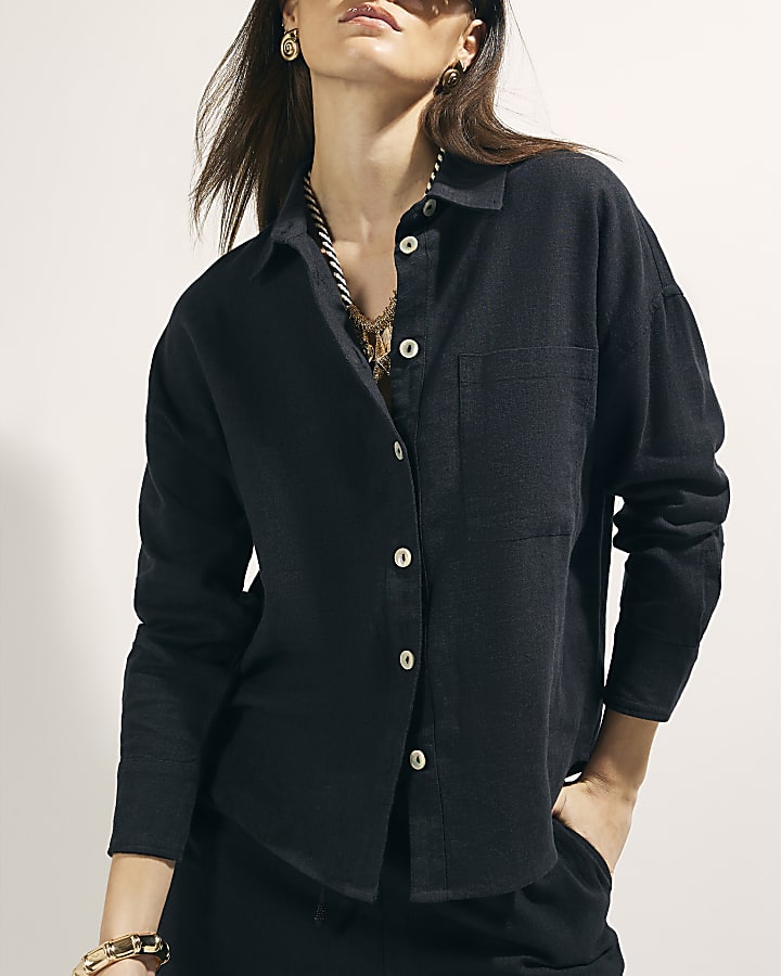Black Linen Blend Beach Shirt