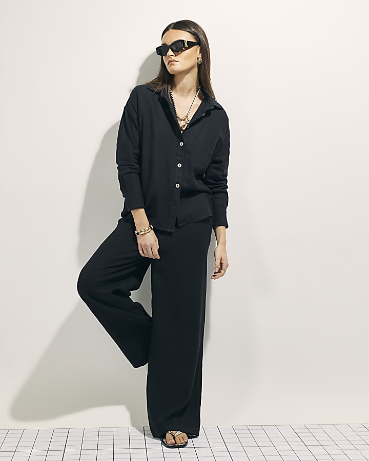 Black Linen Blend Beach Shirt