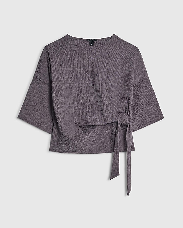 Petite Grey Short Sleeve Textured Tie T-shirt