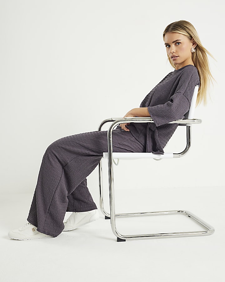 Grey Textured Wide Leg Trousers