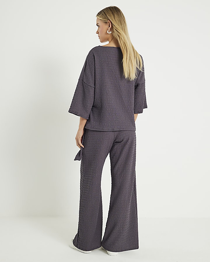 Grey Textured Wide Leg Trousers