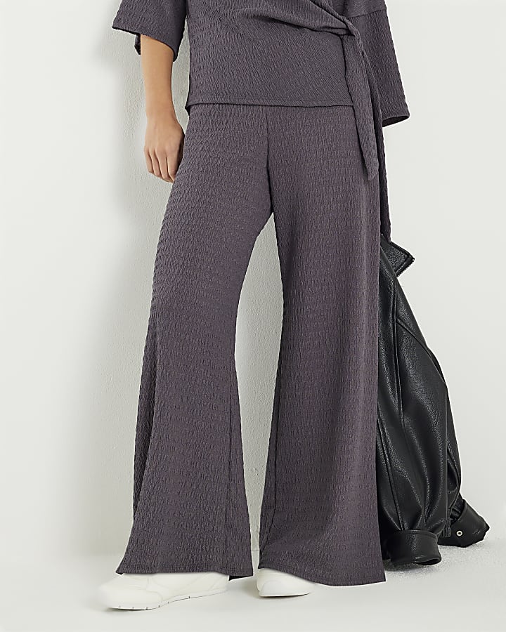 Grey Textured Wide Leg Trousers
