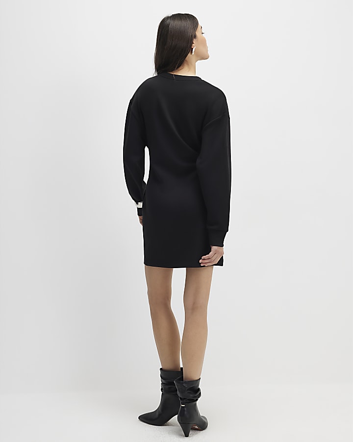 Black Tie Front Mini Sweatshirt Dress
