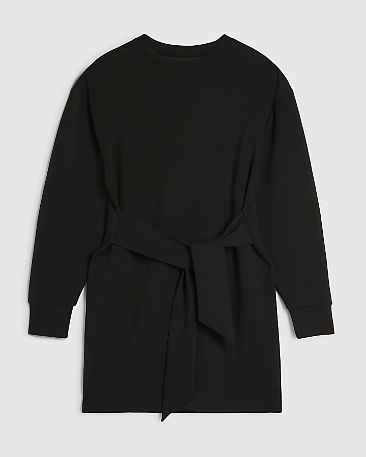 Black Tie Front Mini Sweatshirt Dress