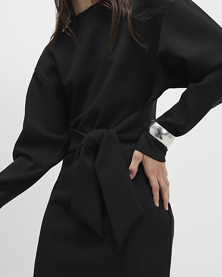 Black Tie Front Mini Sweatshirt Dress