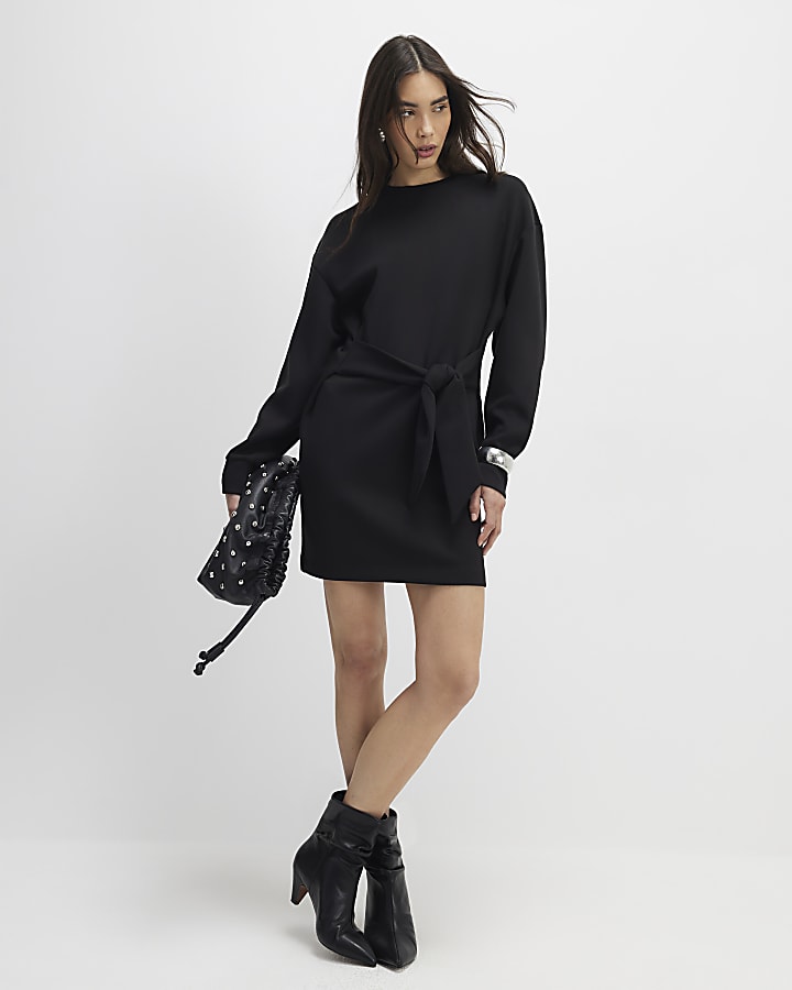Black Tie Front Mini Sweatshirt Dress