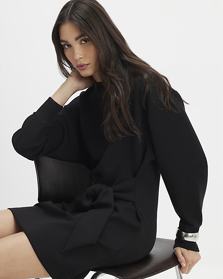 Black Tie Front Mini Sweatshirt Dress