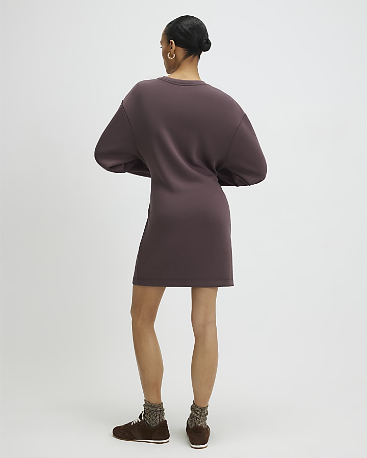 Brown Premium Tie Front Mini Sweatshirt Dress