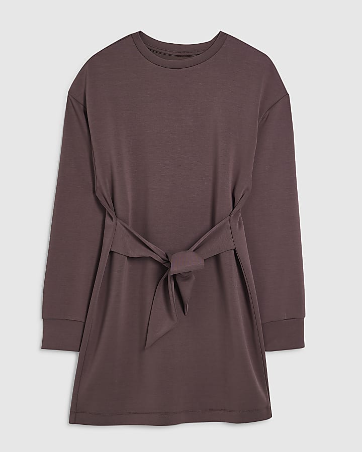 Brown Premium Tie Front Mini Sweatshirt Dress