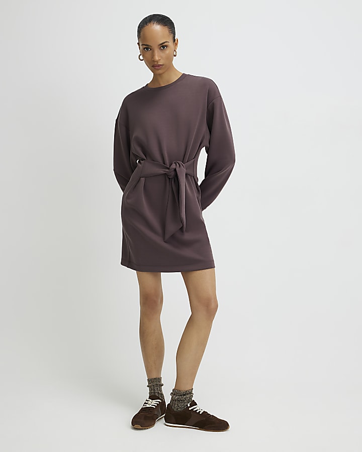 Brown Premium Tie Front Mini Sweatshirt Dress