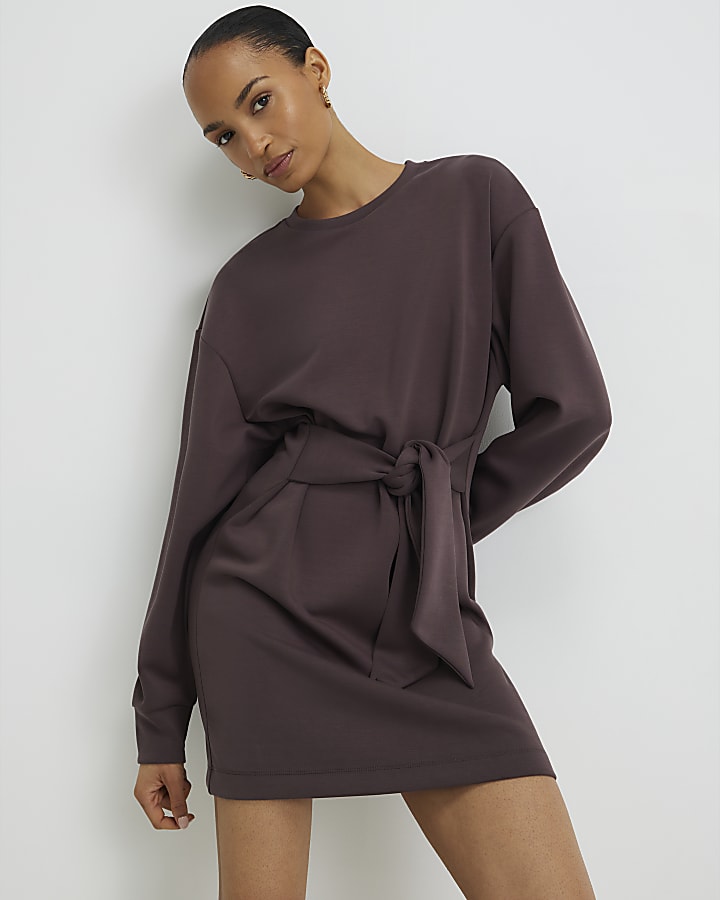 Brown Premium Tie Front Mini Sweatshirt Dress