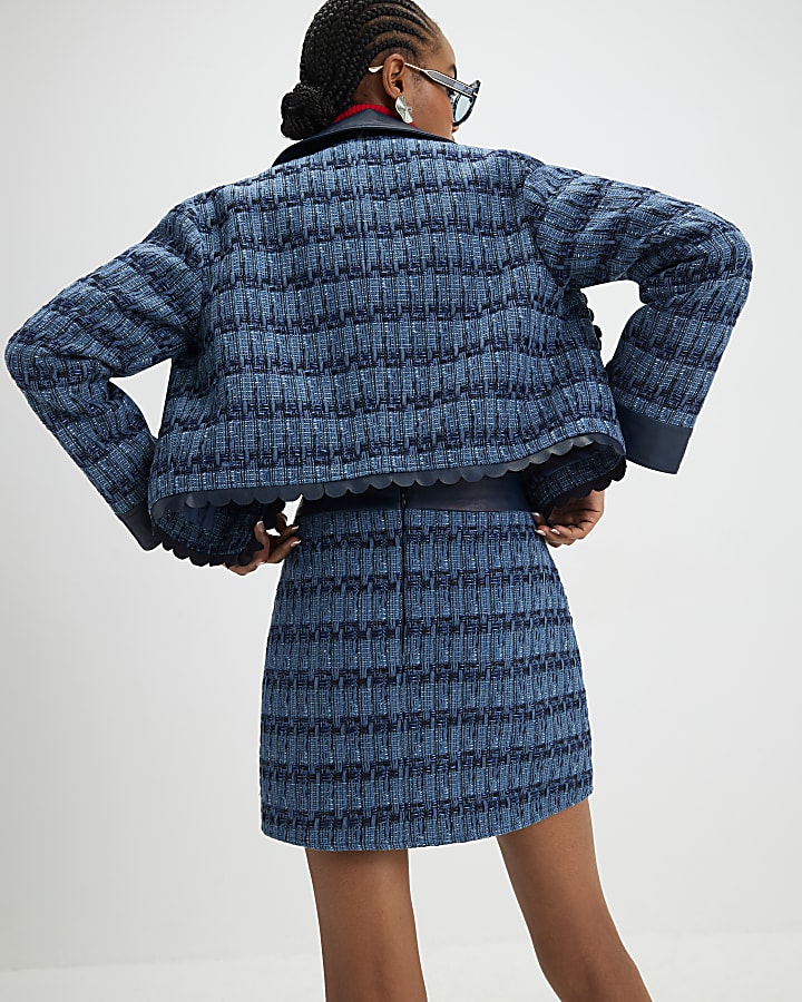 Blue Boucle Scallop Mini Skirt