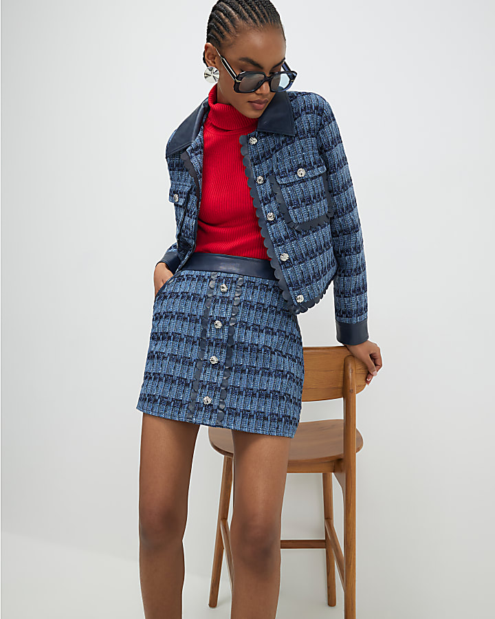 Blue Boucle Scallop Mini Skirt