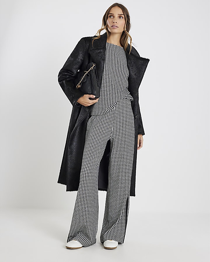 Black Dogtooth Print Pull On Trousers