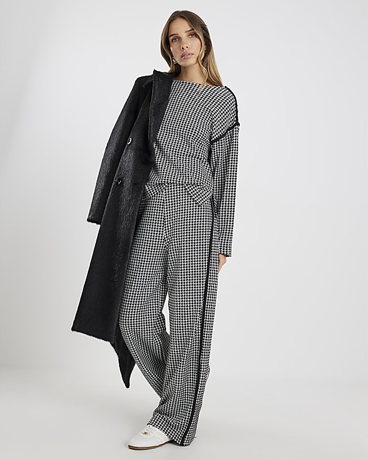 Black Dogtooth Print Pull On Trousers