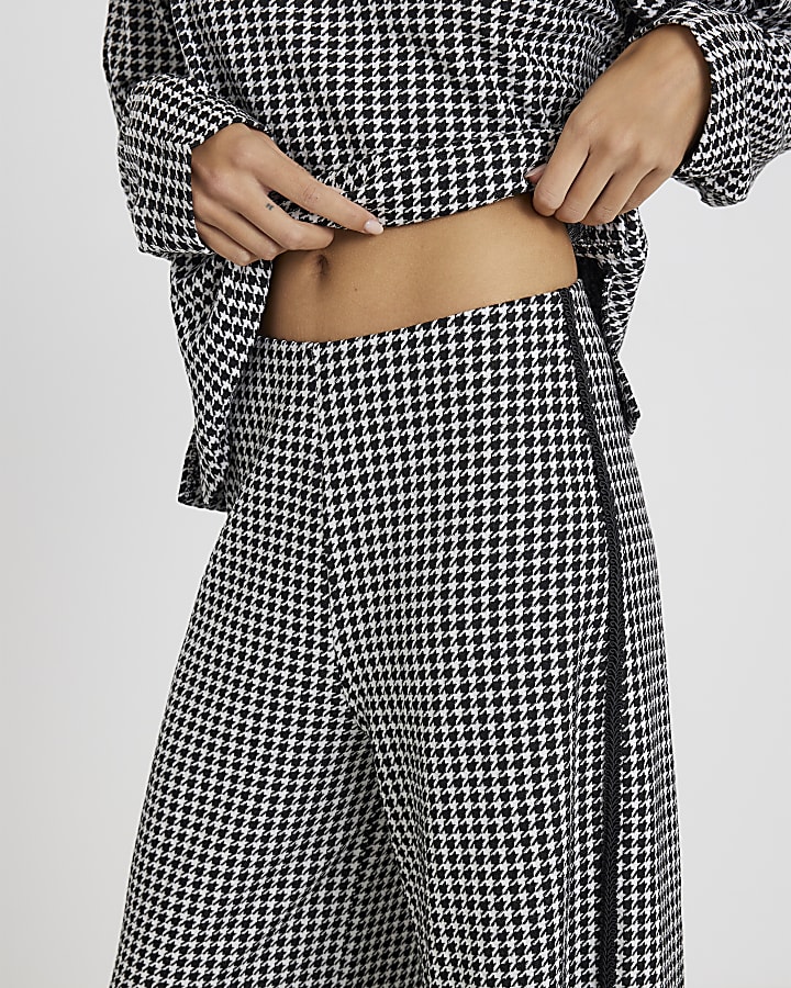 Black Dogtooth Print Pull On Trousers