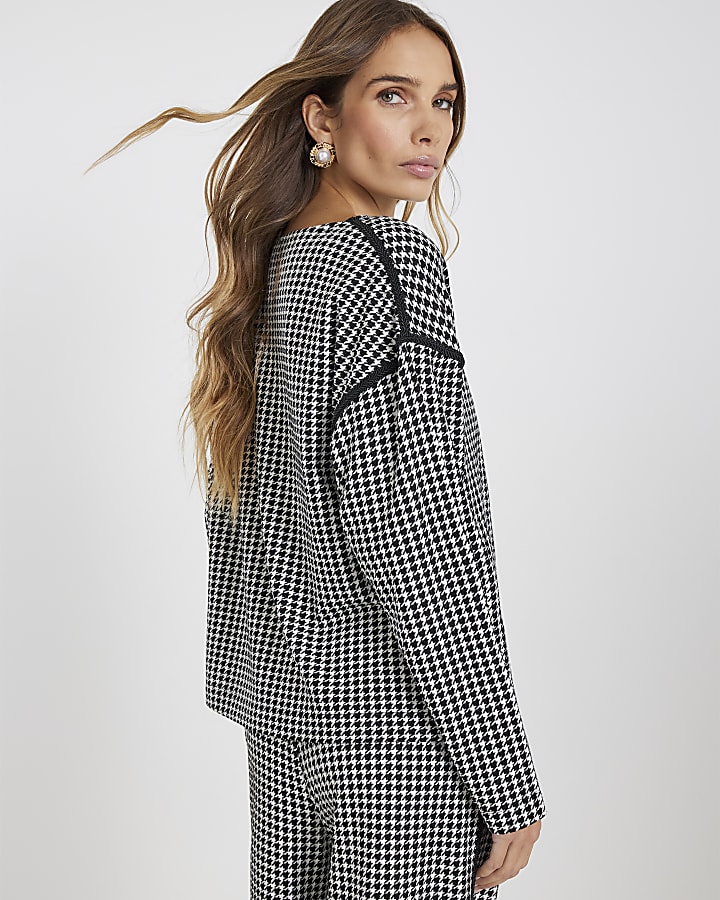 Black Long Sleeve Dogtooth Print Sweatshirt