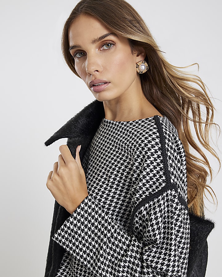 Black Long Sleeve Dogtooth Print Sweatshirt