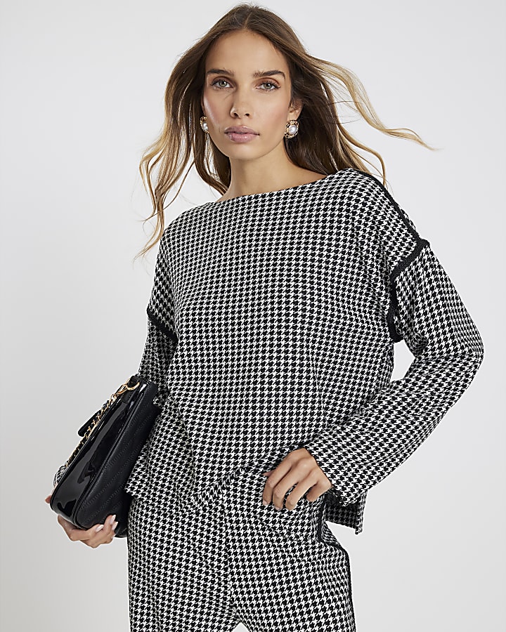 Black Long Sleeve Dogtooth Print Sweatshirt