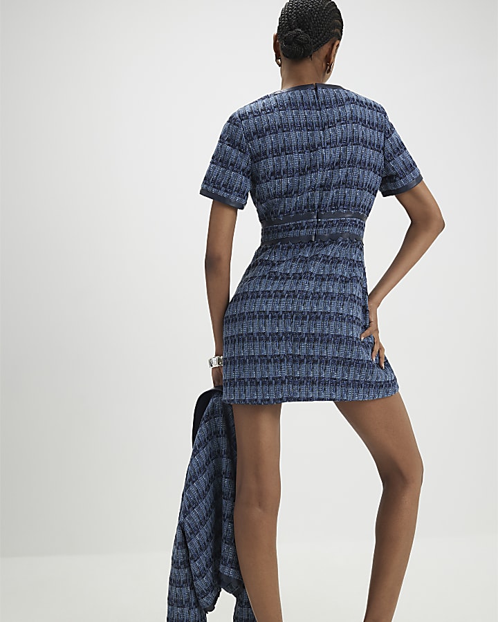 Blue Faux Leather Scallop Boucle Mini Dress