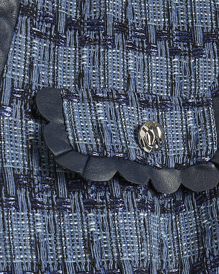 Blue Faux Leather Scallop Boucle Mini Dress