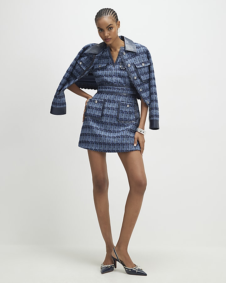 Blue Faux Leather Scallop Boucle Mini Dress