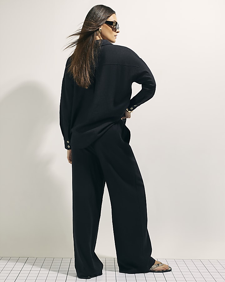 Black Linen Blend Wide Leg Trousers