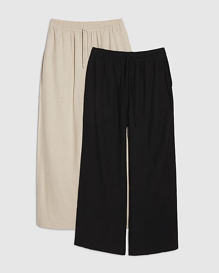 Black Linen Blend Wide Leg Trousers