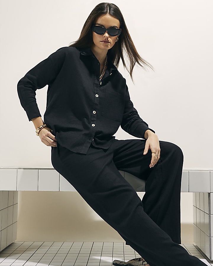 Black Linen Blend Wide Leg Trousers