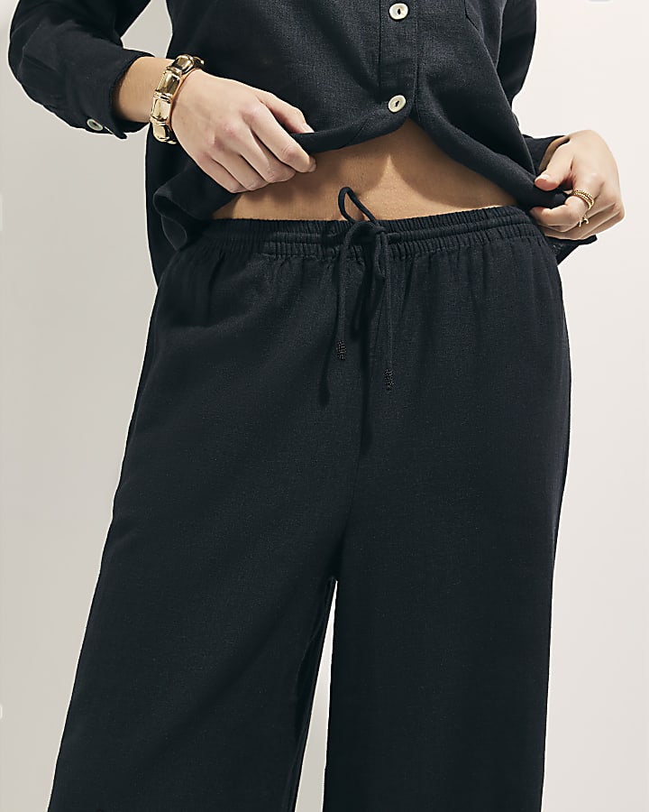 Black Linen Blend Wide Leg Trousers