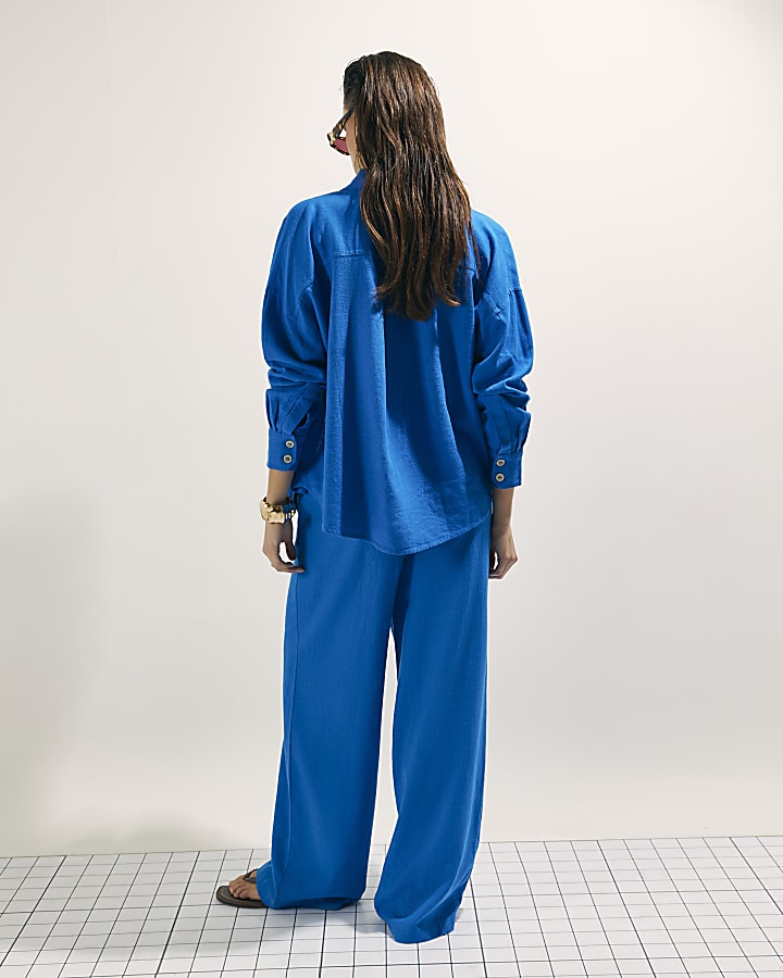 Blue Linen Blend Wide Leg Trousers