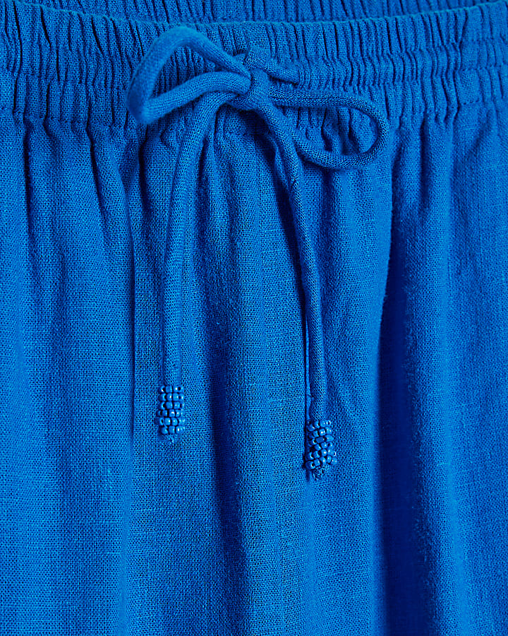 Blue Linen Blend Wide Leg Trousers