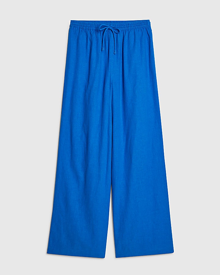 Blue Linen Blend Wide Leg Trousers