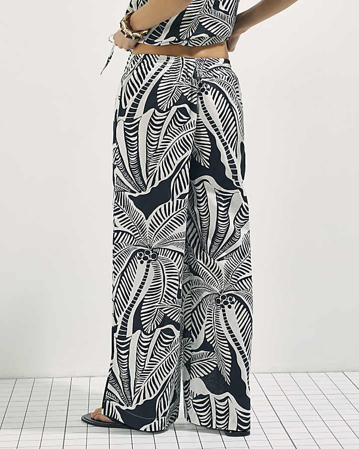 Black Linen Blend Palm Print Beach Trousers