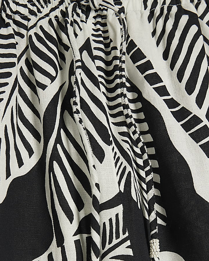 Black Linen Blend Palm Print Beach Trousers