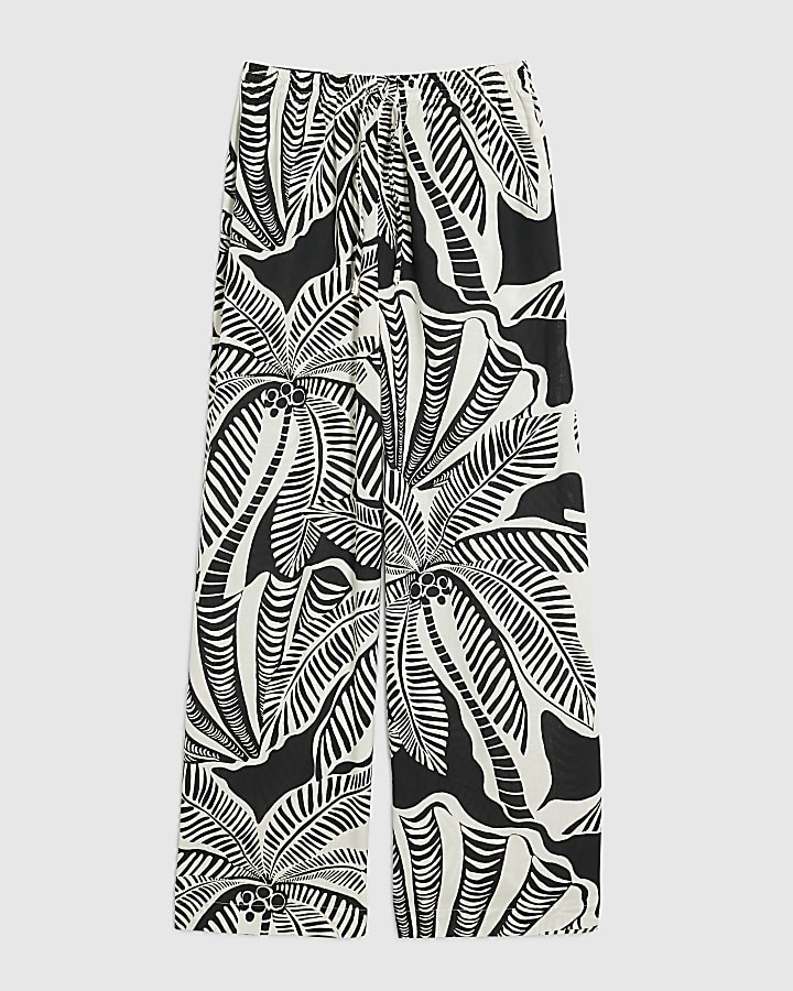Black Linen Blend Palm Print Beach Trousers