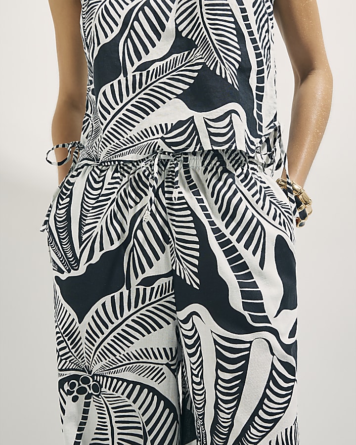Black Linen Blend Palm Print Beach Trousers