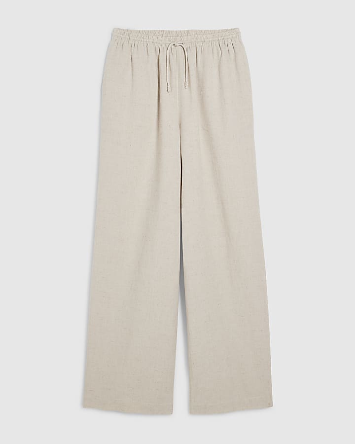 Beige Linen Blend Wide Leg Trousers
