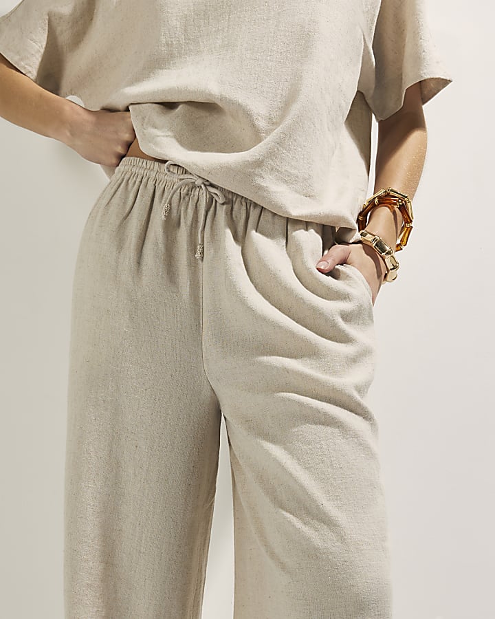 Beige Linen Blend Wide Leg Trousers