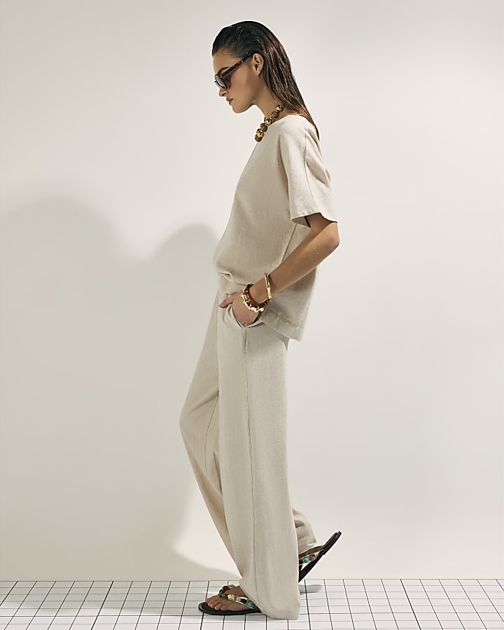 Beige Linen Blend Wide Leg Trousers