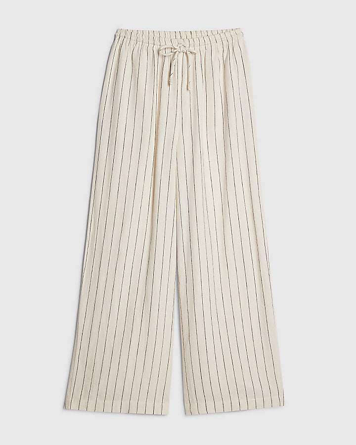 Cream Linen Blend Striped Trousers