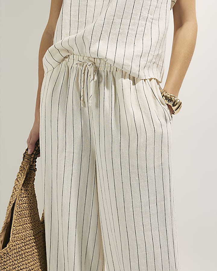 Cream Linen Blend Striped Trousers