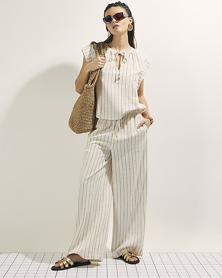 Cream Linen Blend Striped Trousers