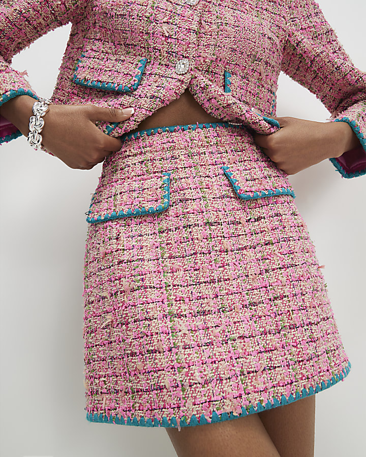 Pink Whipstitch Boucle Mini Skirt