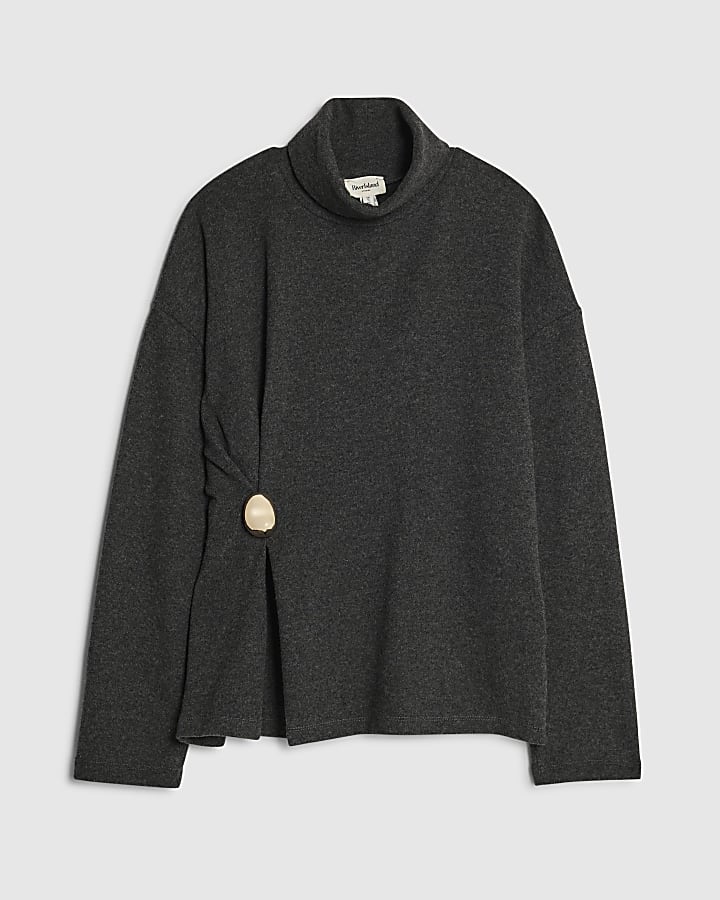 Grey Long Sleeve Cosy Gold Detail Top