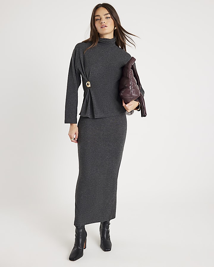 Grey Long Sleeve Cosy Gold Detail Top