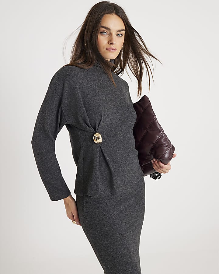 Grey Long Sleeve Cosy Gold Detail Top